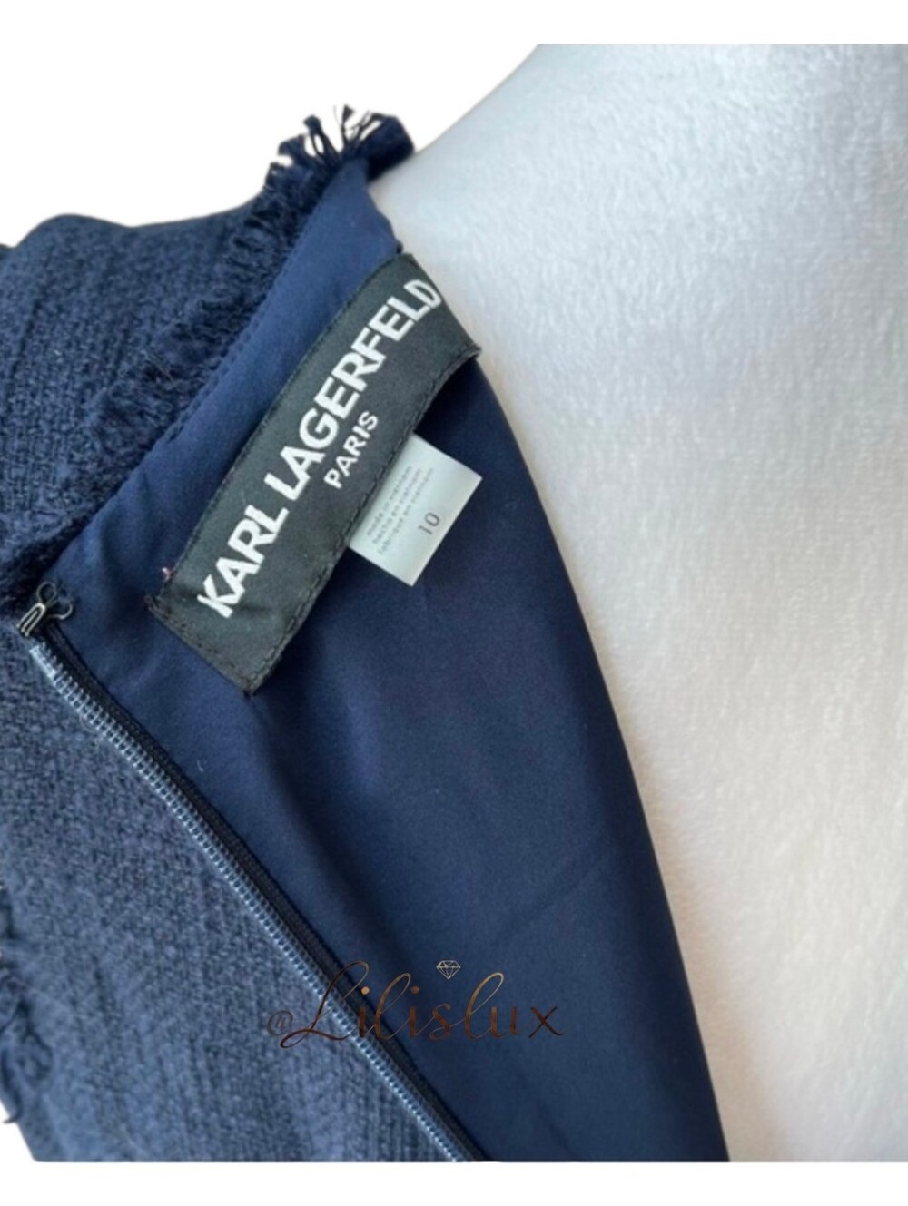 KARL LAGERFELD PARIS Sleeveless Tweed Fringe Sheath Dress Navy Size 10 EUC - Picture 9 of 15